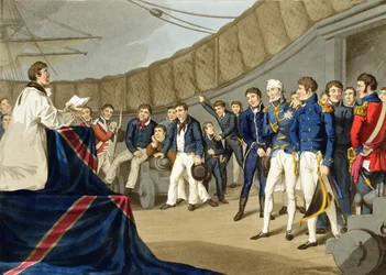 Tengerészek imádkozáskor Lord Nelson hajójának fedélzetén a nílusi csata után, John Heaviside Clark (kb.1771-1863) és Matthew Dubourg (fl.1813-20) metszete a Történelmi, katonai és haditengerészeti anekdotákból